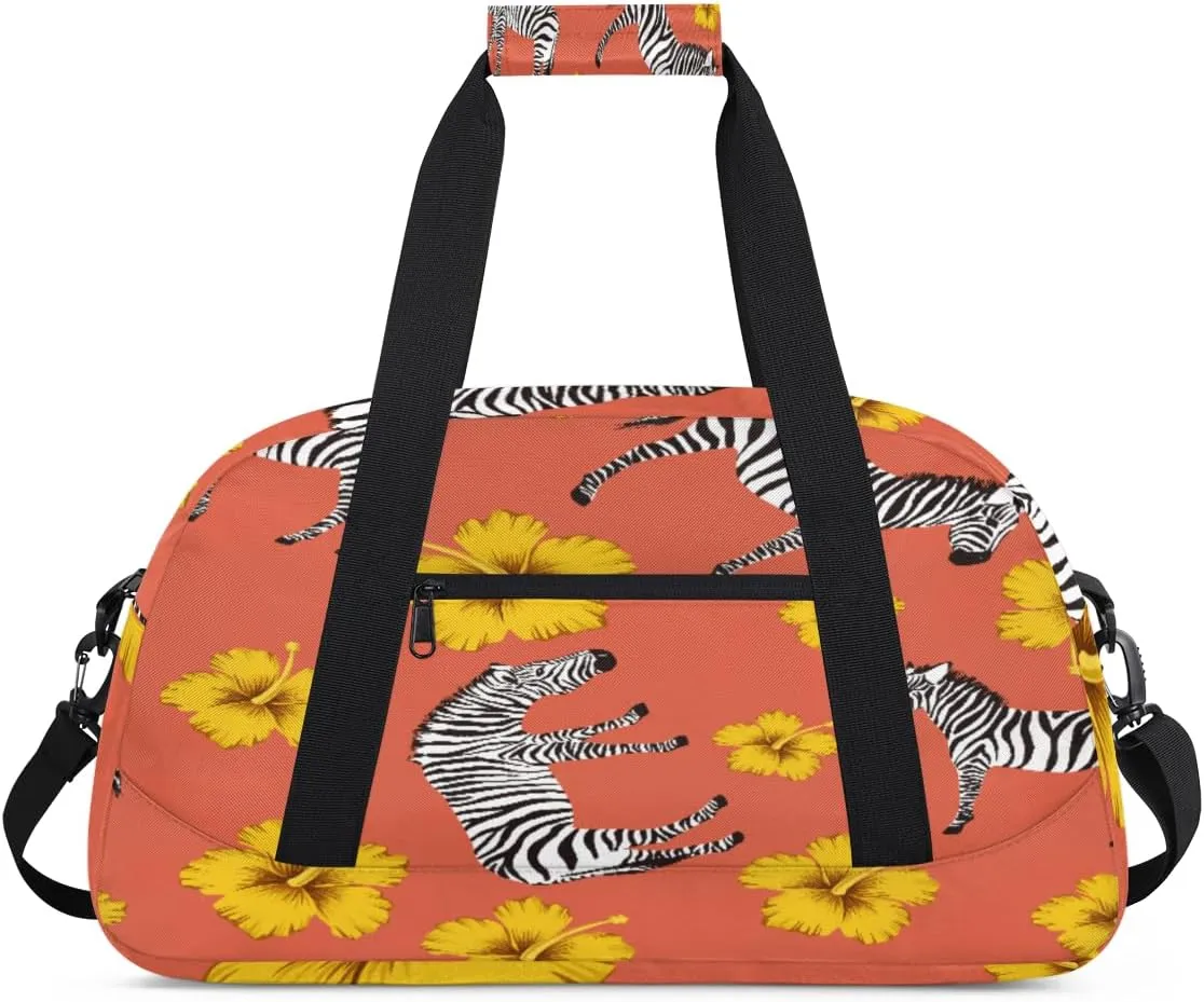 Animal Zebra Gym Duffel Bag for Men Women Yellow Flower Sports Tote Bag with Adjustable Shoulder Strap for Dance Gymnastics Traveling Outdoor Camping Overnight Stay