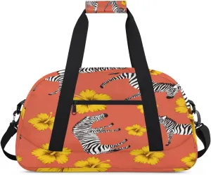 Animal Zebra Gym Duffel Bag for Men Women Yellow Flower Sports Tote Bag with Adjustable Shoulder Strap for Dance Gymnastics Traveling Outdoor Camping Overnight Stay