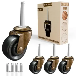 Antique Brass Casters with Rubber Wheels 1-5/8" Stem Caster Replacement for Chairs, Sofa, Dresser | Vintage Furniture Rollers for Hardwood Floor Set of 4