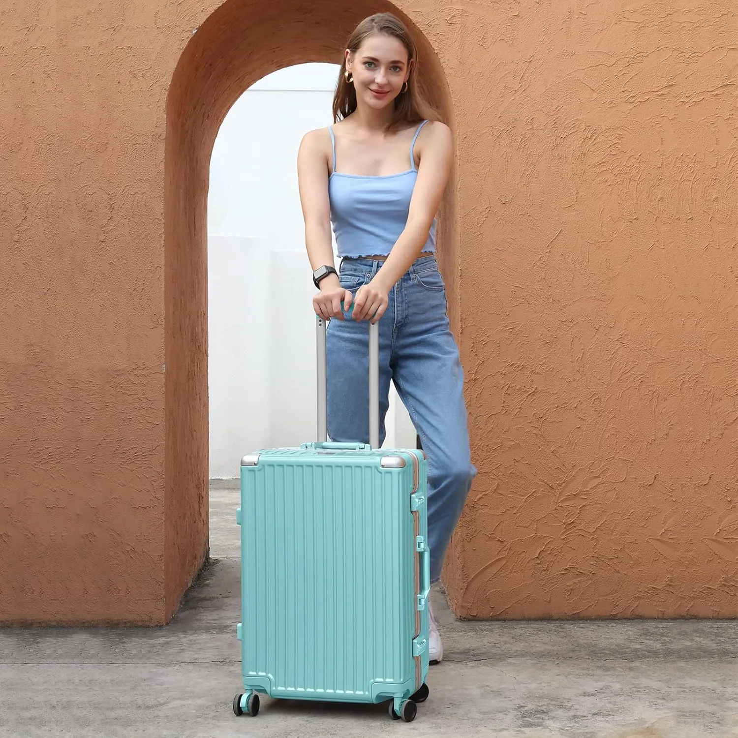 AnyZip Luggage Aluminium Frame Suitcase PC ABS Hard Shell TSA Lock No Zipper 24In Mint Green