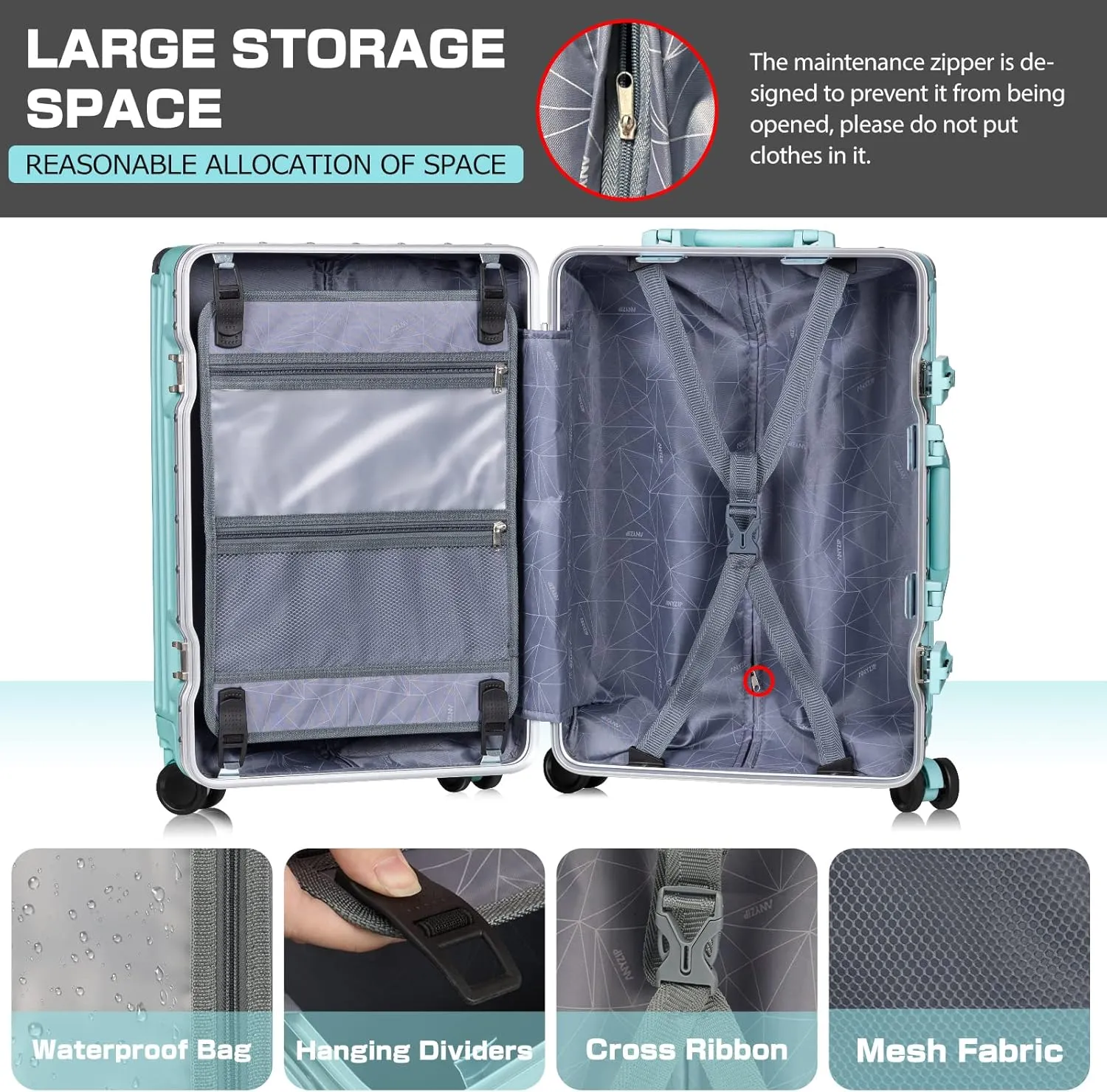 AnyZip Luggage Aluminium Frame Suitcase PC ABS Hard Shell TSA Lock No Zipper 24In Mint Green