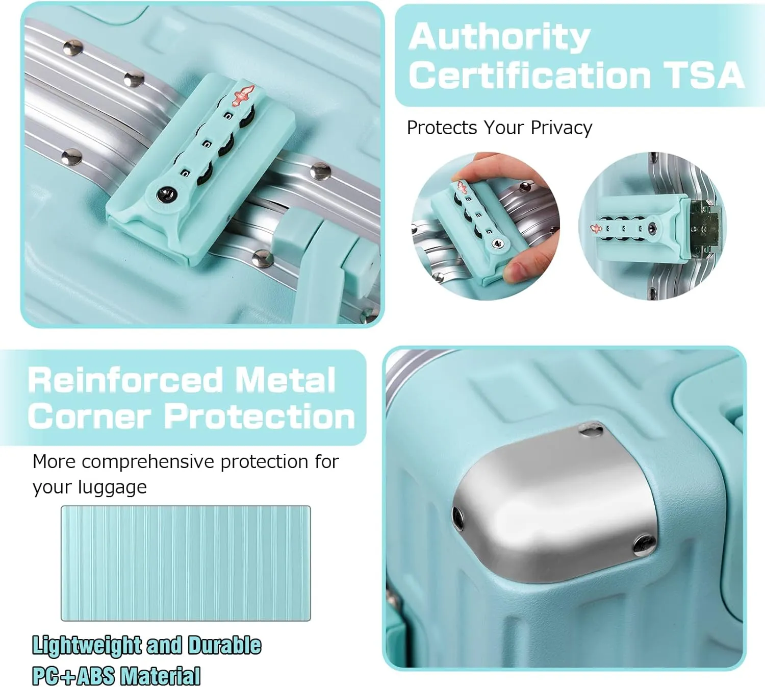AnyZip Luggage Aluminium Frame Suitcase PC ABS Hard Shell TSA Lock No Zipper 24In Mint Green