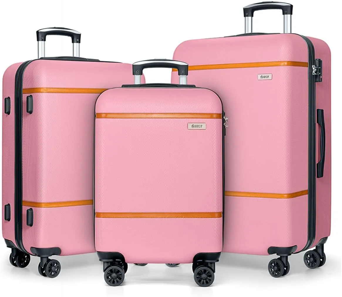 AnyZip Luggage Sets 3 Piece ABS PC Hardside Lightweight Suitcase with Spinner Wheels TSA Lock Carry on 20 24 28 Inch Pink