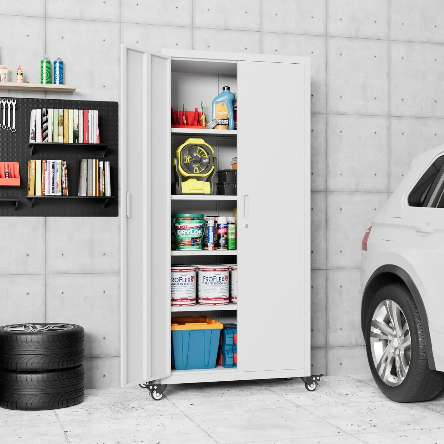 Aobabo 73''H Garage Storage Cabinet with Wheels,Office Storage Cabinet with Lock,Steel Cabinet with 2 Doors and 4 Adjustable Shelves for Garage Office,Required-Assembly White