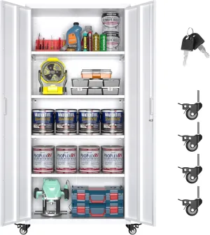 Aobabo 73''H Garage Storage Cabinet with Wheels,Office Storage Cabinet with Lock,Steel Cabinet with 2 Doors and 4 Adjustable Shelves for Garage Office,Required-Assembly White