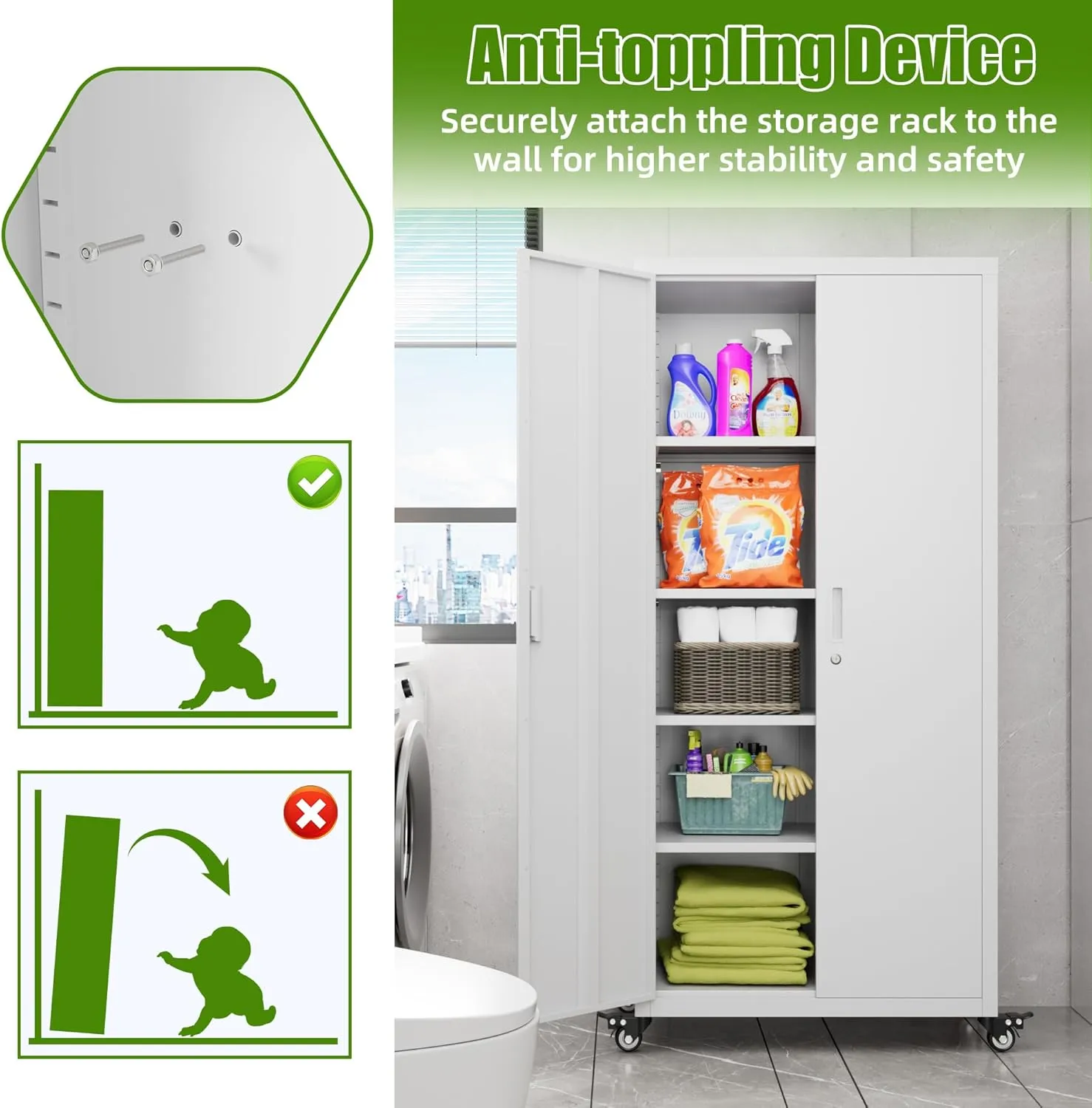 Aobabo 73''H Garage Storage Cabinet with Wheels,Office Storage Cabinet with Lock,Steel Cabinet with 2 Doors and 4 Adjustable Shelves for Garage Office,Required-Assembly White