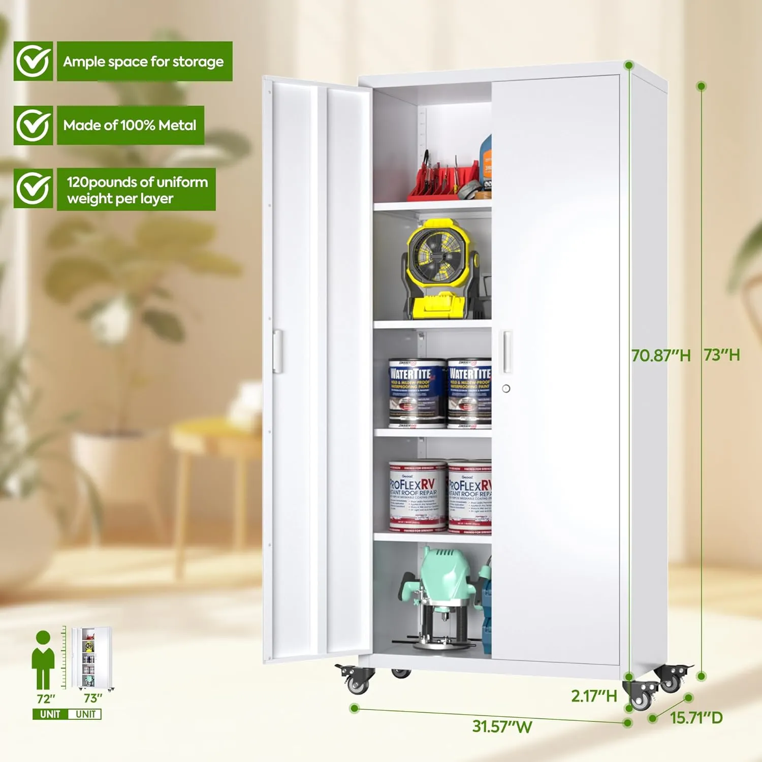 Aobabo 73''H Garage Storage Cabinet with Wheels,Office Storage Cabinet with Lock,Steel Cabinet with 2 Doors and 4 Adjustable Shelves for Garage Office,Required-Assembly White