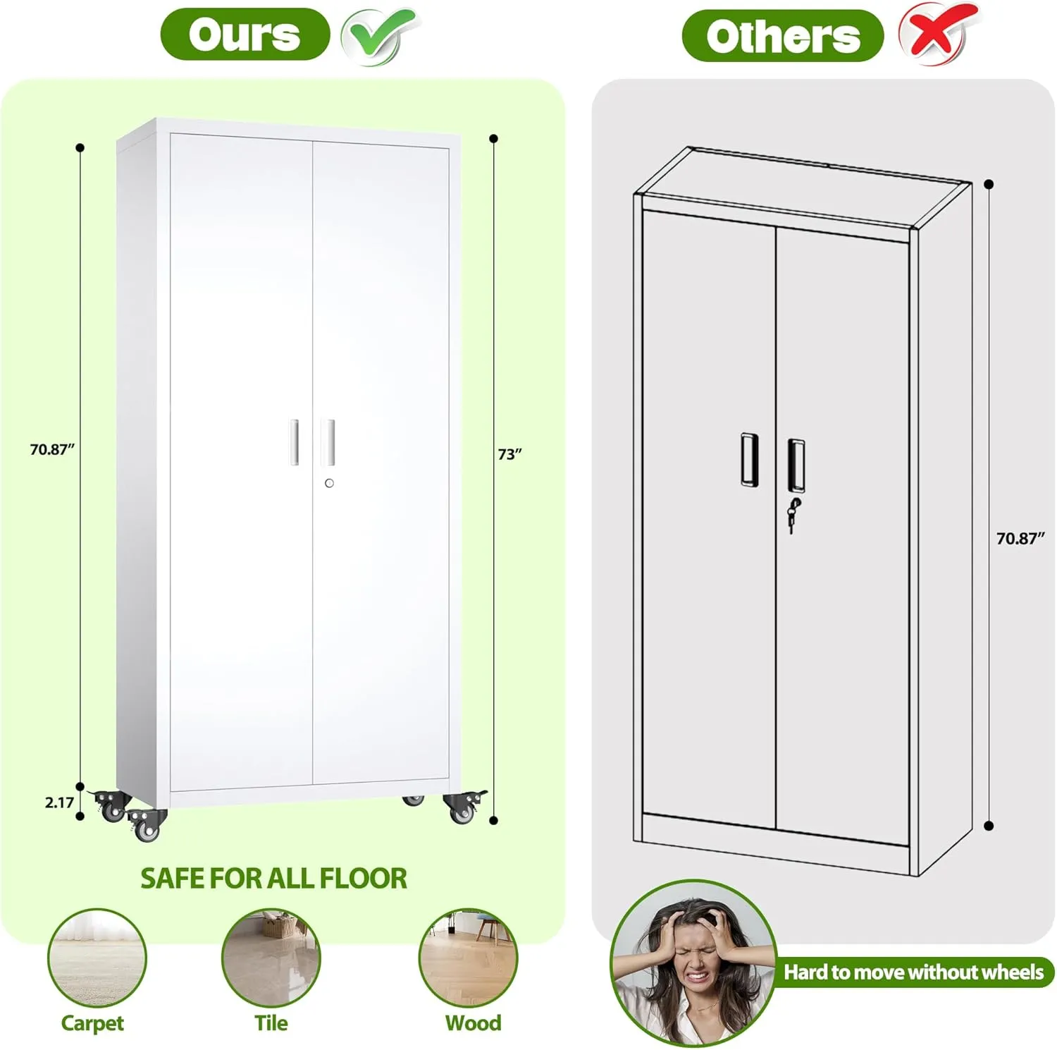 Aobabo 73''H Garage Storage Cabinet with Wheels,Office Storage Cabinet with Lock,Steel Cabinet with 2 Doors and 4 Adjustable Shelves for Garage Office,Required-Assembly White