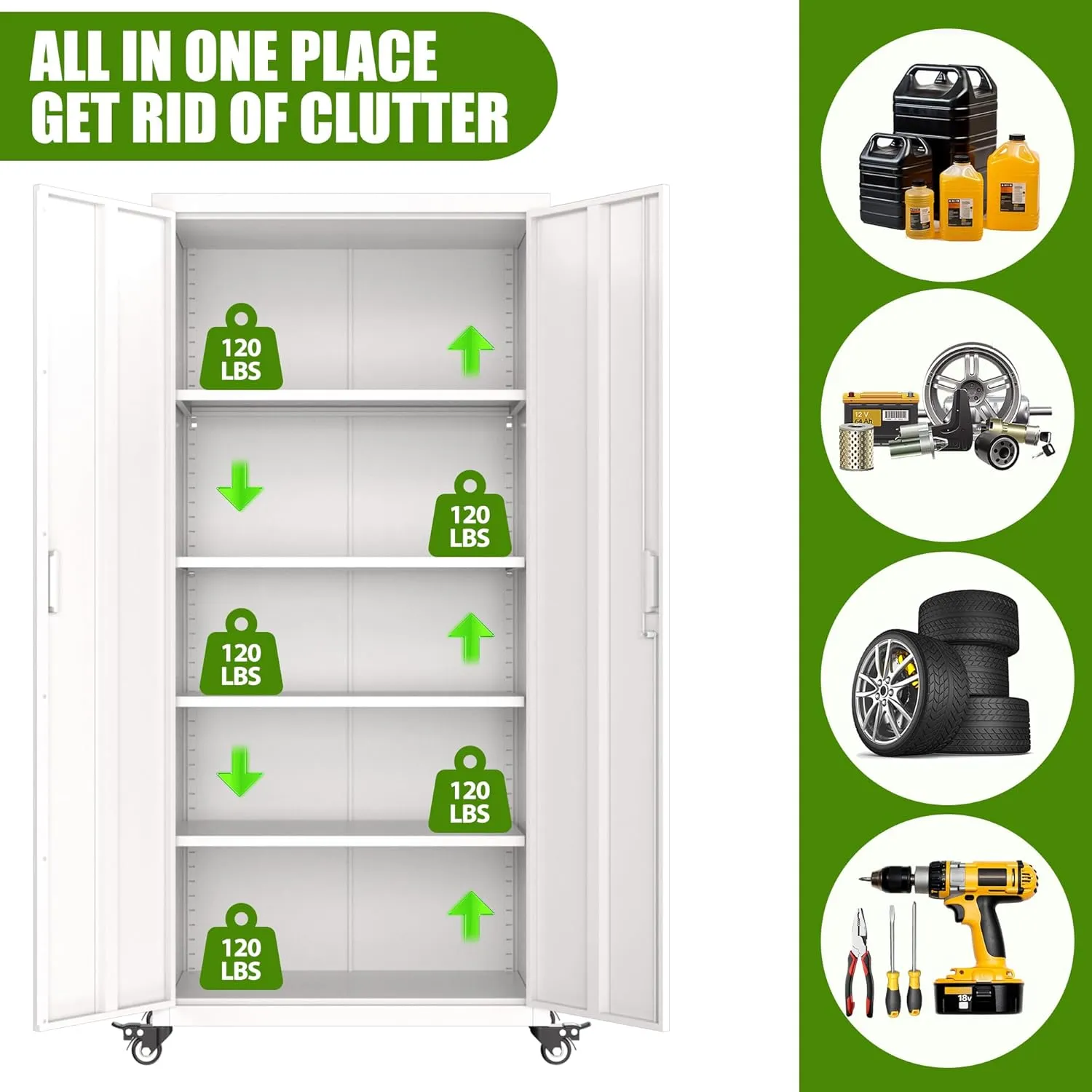 Aobabo 73''H Garage Storage Cabinet with Wheels,Office Storage Cabinet with Lock,Steel Cabinet with 2 Doors and 4 Adjustable Shelves for Garage Office,Required-Assembly White