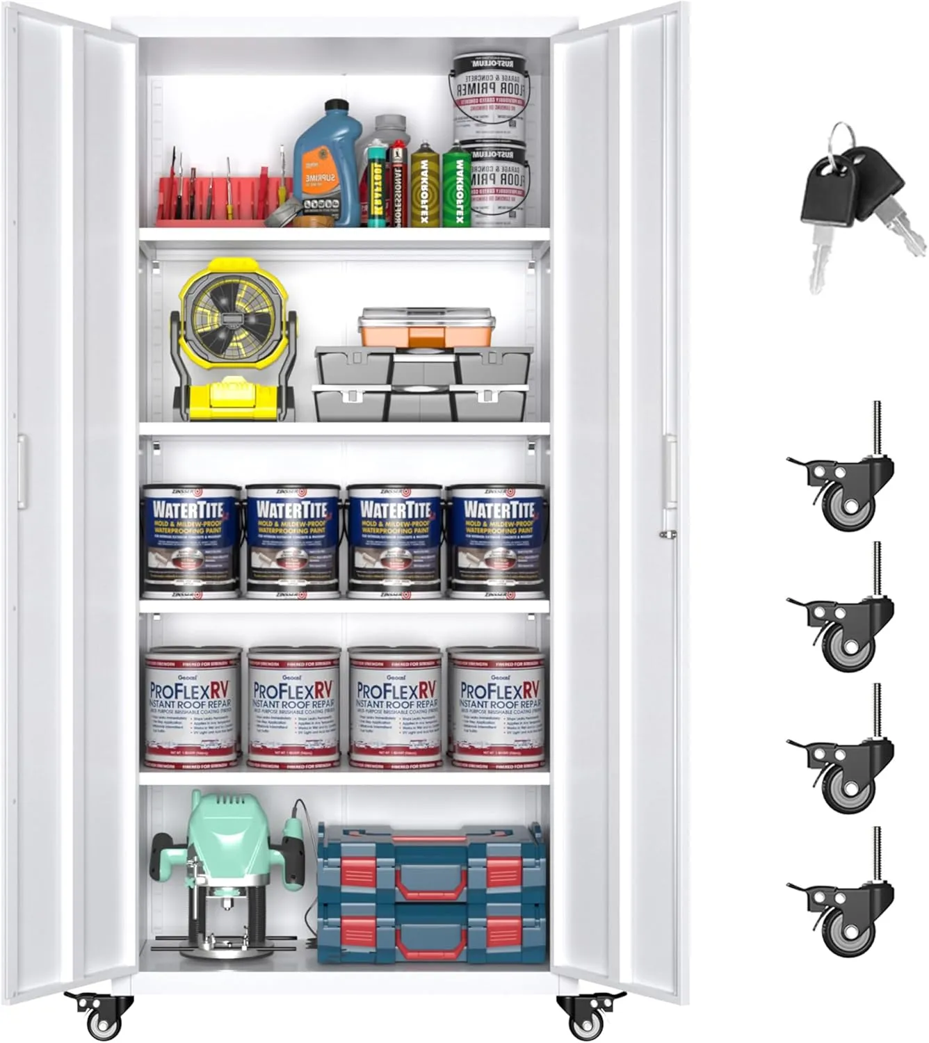 Aobabo 73''H Garage Storage Cabinet with Wheels,Office Storage Cabinet with Lock,Steel Cabinet with 2 Doors and 4 Adjustable Shelves for Garage Office,Required-Assembly White