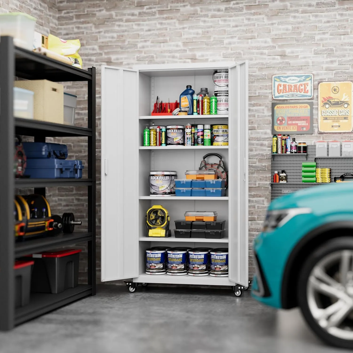 Aobabo 73''H Garage Storage Cabinet with Wheels,Office Storage Cabinet with Lock,Steel Cabinet with 2 Doors and 4 Adjustable Shelves for Garage Office,Required-Assembly White