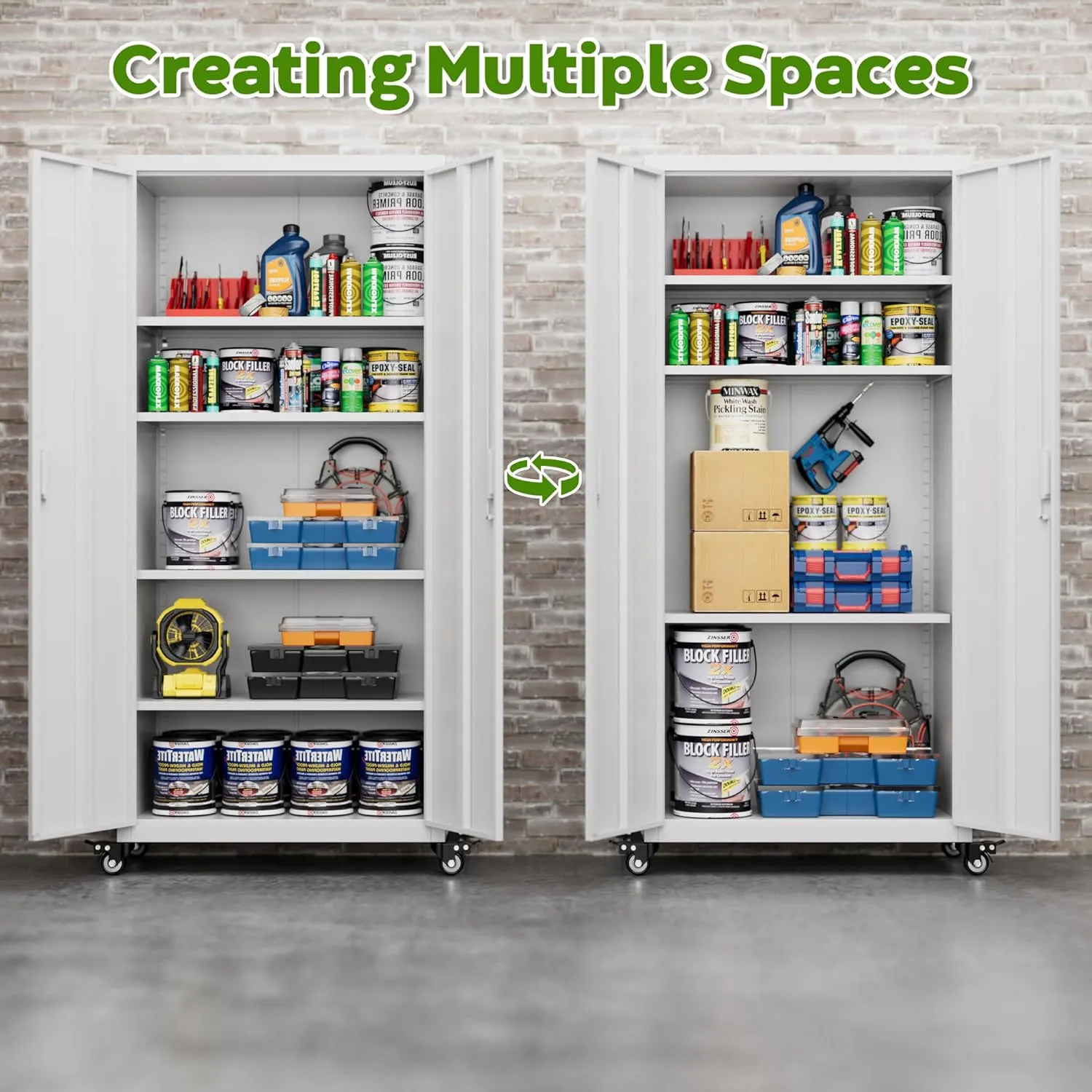 Aobabo 73''H Garage Storage Cabinet with Wheels,Office Storage Cabinet with Lock,Steel Cabinet with 2 Doors and 4 Adjustable Shelves for Garage Office,Required-Assembly White