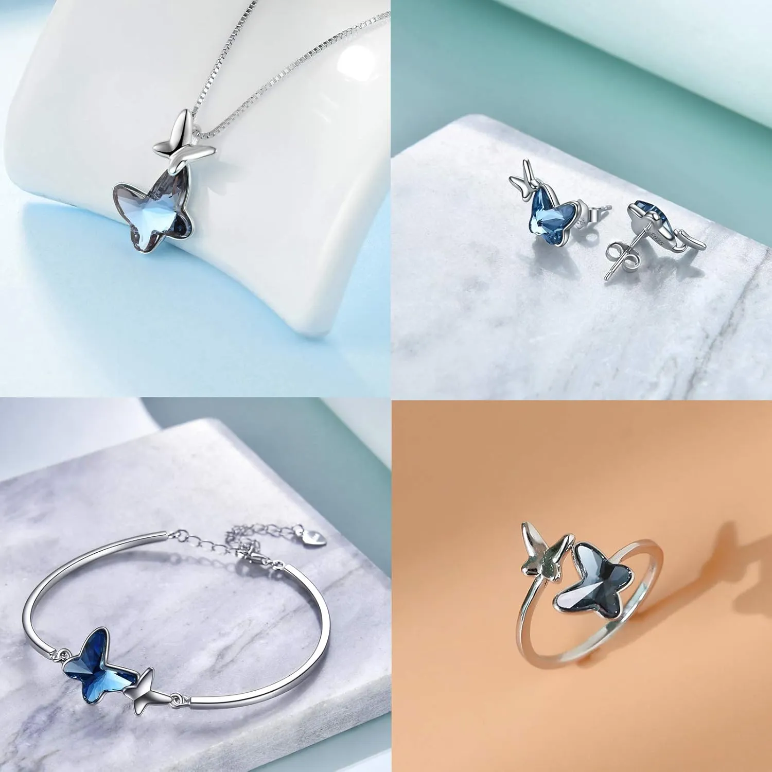 AOBOCO Sterling Silver Chasing Butterfly Pendant Necklace Embellished with Austrian Crystals - Fine Anniversary or Birthday Butterfly Jewelry Gift for Women - Morpho Helena Series