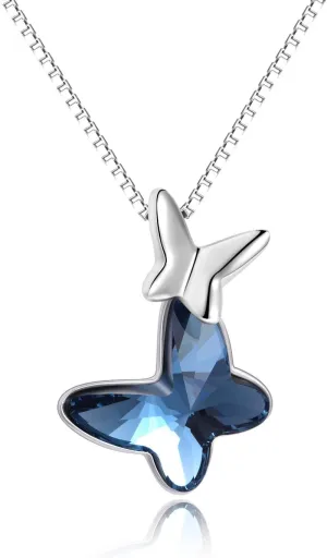 AOBOCO Sterling Silver Chasing Butterfly Pendant Necklace Embellished with Austrian Crystals - Fine Anniversary or Birthday Butterfly Jewelry Gift for Women - Morpho Helena Series