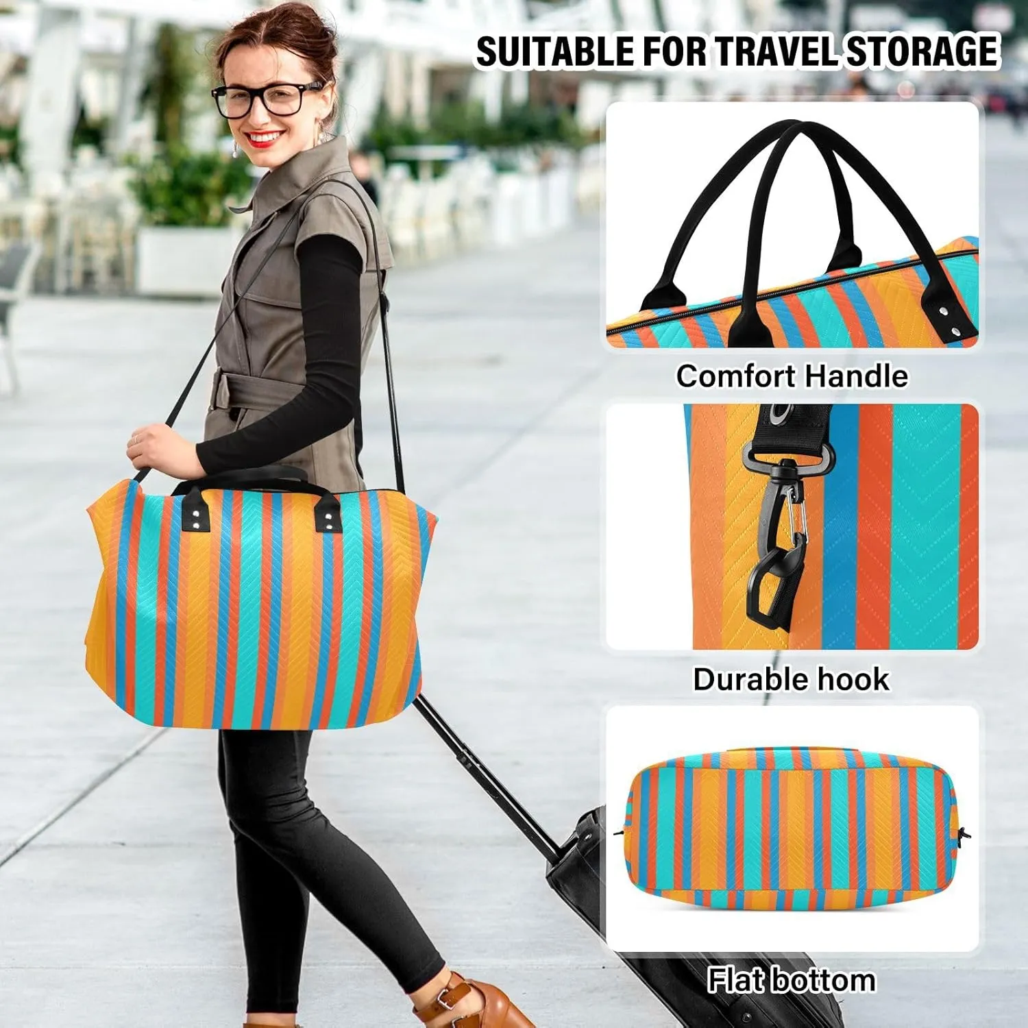 Aslsiy Travel Duffel Bags for Women Vertical Lines Sports Duffel Bags Dark Turquoise Orange Weekender Bags Gym Bag with Toiletry Bag Carry on Overnight Bag