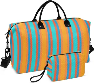 Aslsiy Travel Duffel Bags for Women Vertical Lines Sports Duffel Bags Dark Turquoise Orange Weekender Bags Gym Bag with Toiletry Bag Carry on Overnight Bag