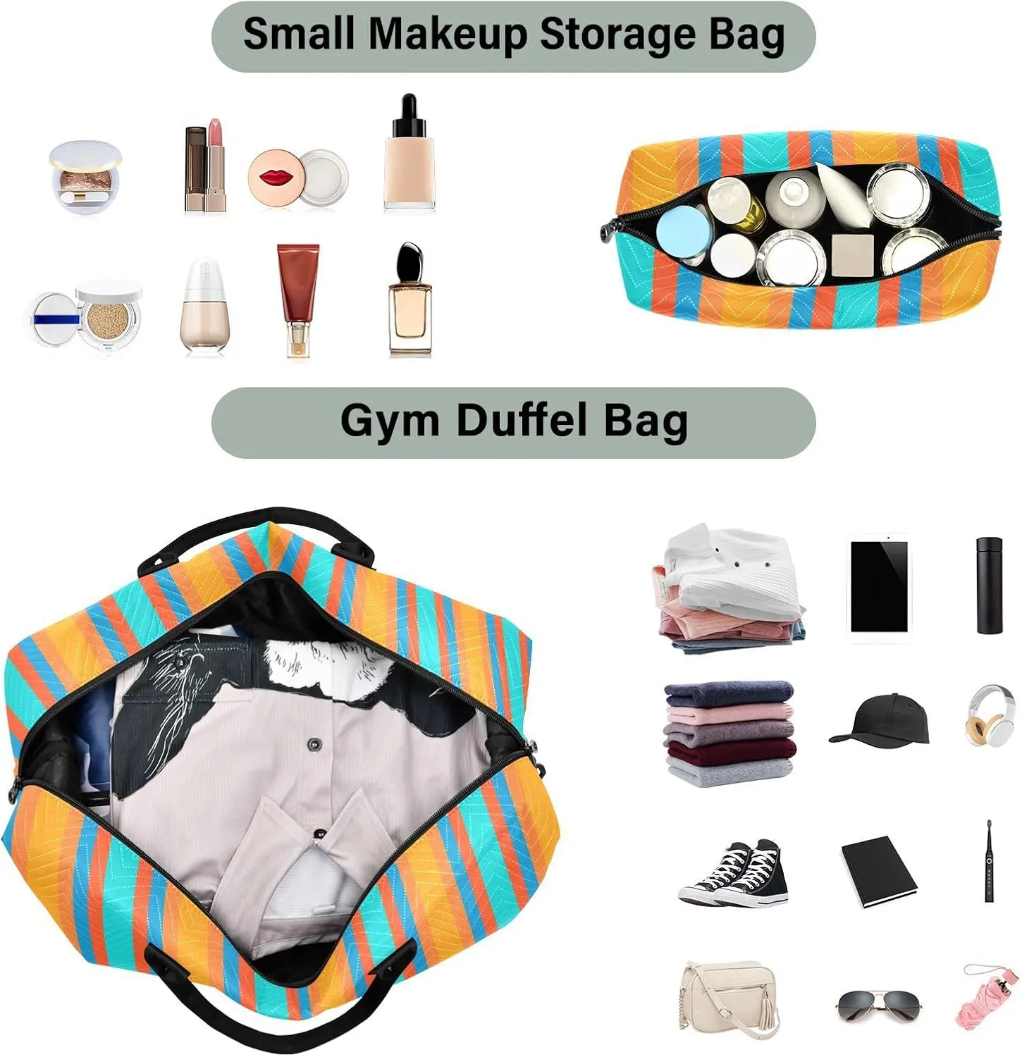 Aslsiy Travel Duffel Bags for Women Vertical Lines Sports Duffel Bags Dark Turquoise Orange Weekender Bags Gym Bag with Toiletry Bag Carry on Overnight Bag