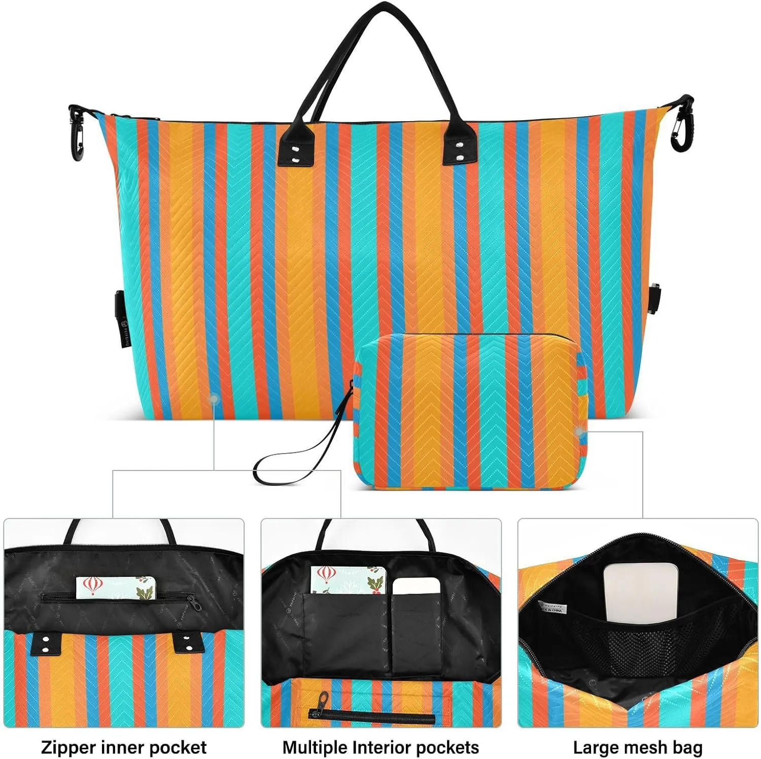 Aslsiy Travel Duffel Bags for Women Vertical Lines Sports Duffel Bags Dark Turquoise Orange Weekender Bags Gym Bag with Toiletry Bag Carry on Overnight Bag
