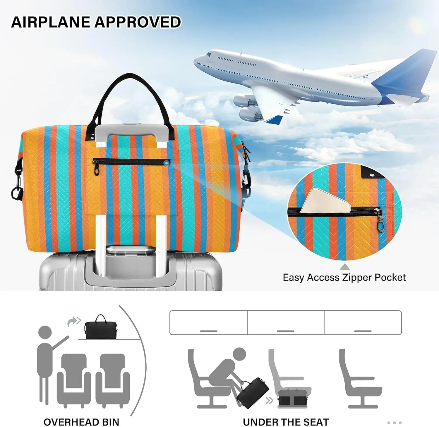 Aslsiy Travel Duffel Bags for Women Vertical Lines Sports Duffel Bags Dark Turquoise Orange Weekender Bags Gym Bag with Toiletry Bag Carry on Overnight Bag