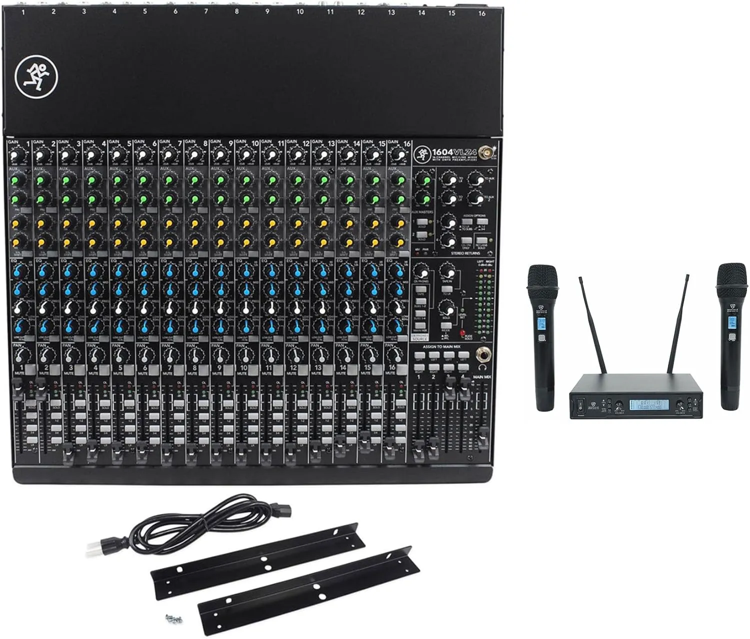 Audiosavings bundle: Mackie 1604VLZ4 Mixer 16-Channel Compact Analog w/ 16 ONYX Preamps bundled with Rockville RWM65U Dual UHF 15 Channel Metal Handheld Wireless Microphone System (2 items)