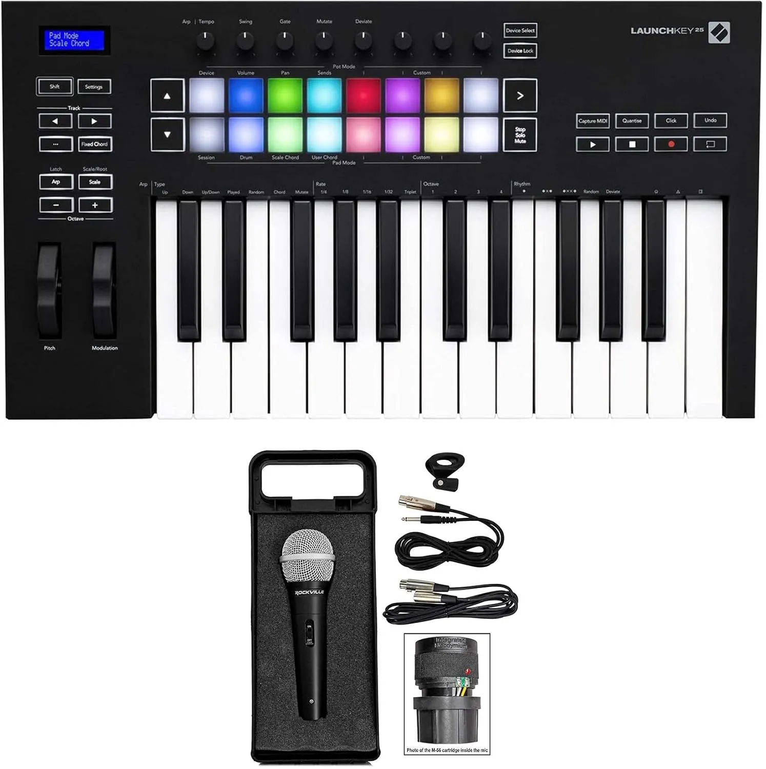 Audiosavings Bundle: Novation Launchkey 25 MK3 25-Key USB MIDI Ableton Live Keyboard Controller Bundle with Rockville RMC-XLR High-End Metal DJ Handheld Wired Microphone Mic w (2) Cable (2 Items)
