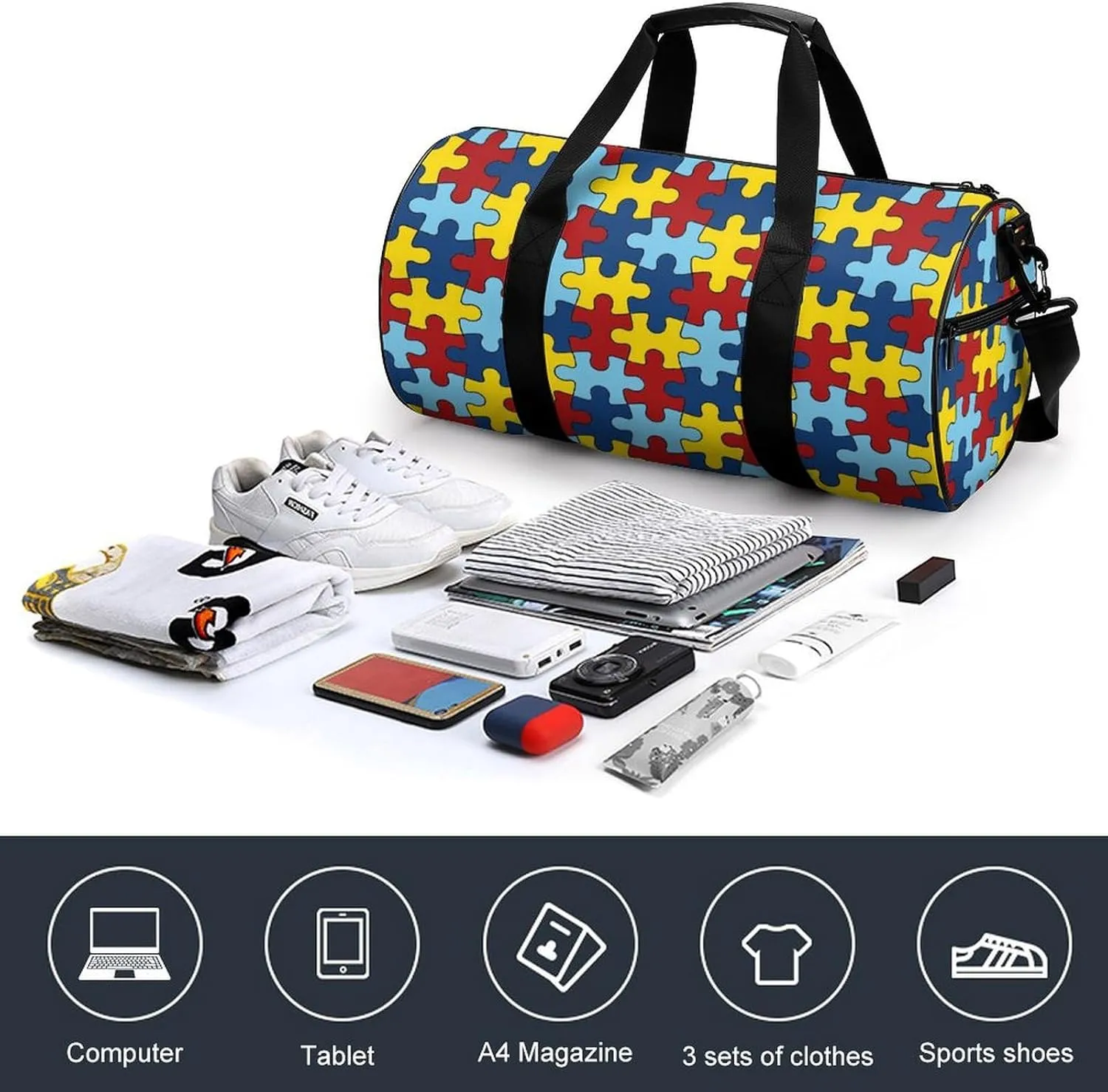AUTISM AWARANESS Large Capacity Portable Cylindrical Fitness Bag
