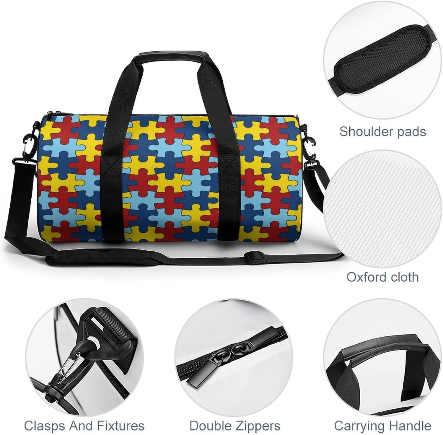 AUTISM AWARANESS Large Capacity Portable Cylindrical Fitness Bag