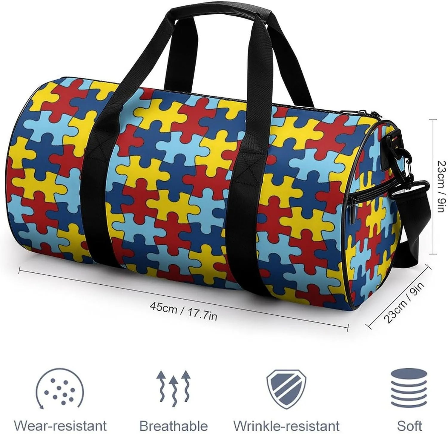 AUTISM AWARANESS Large Capacity Portable Cylindrical Fitness Bag