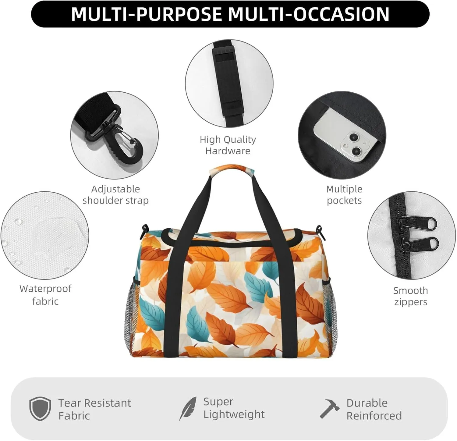 Autumn Orange Leaves Duffle Bag Foldable Travel Tote Bag Carry On Large Weekender Overnight Bags Waterproof Gym Bag For Women Men