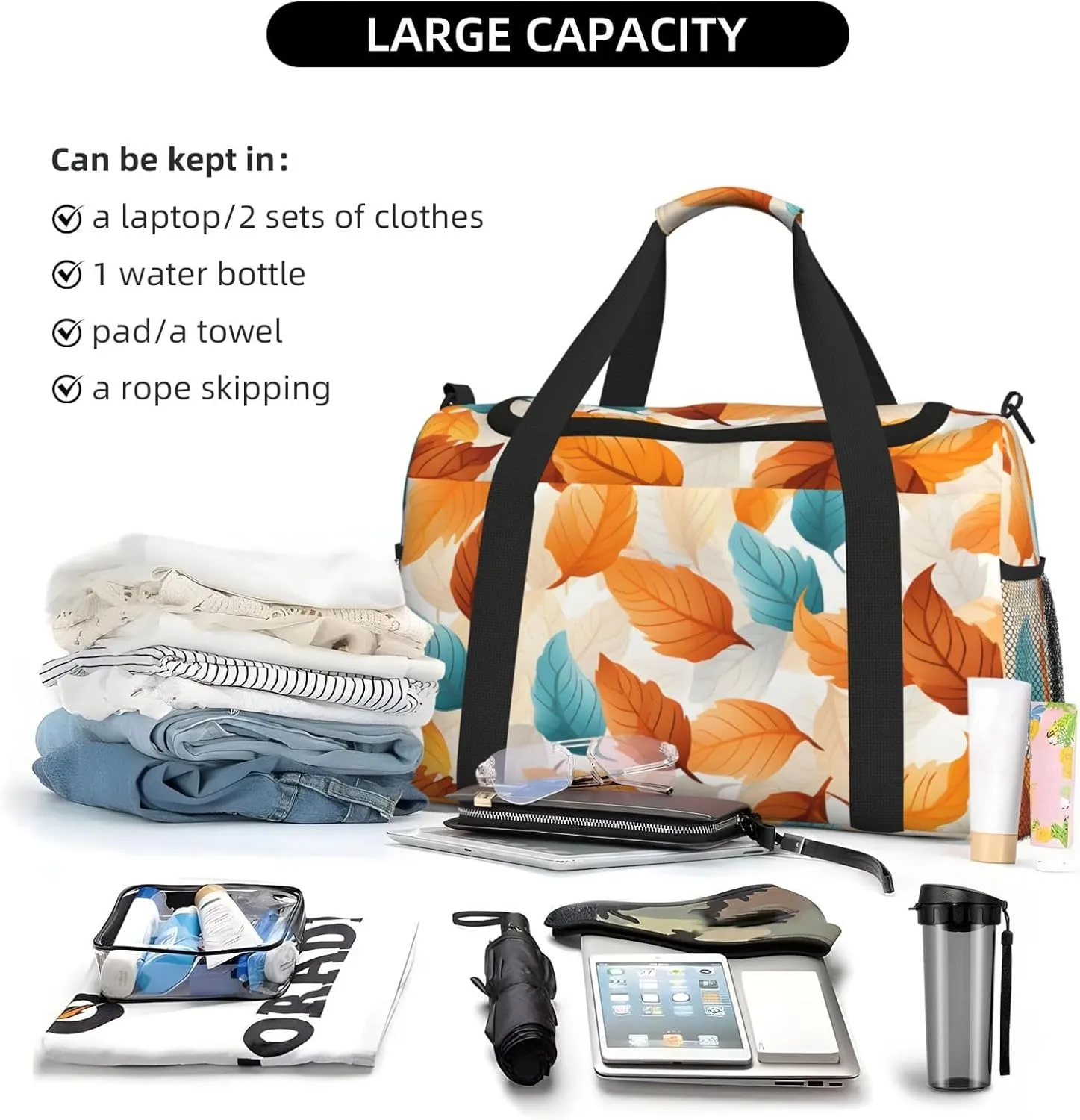 Autumn Orange Leaves Duffle Bag Foldable Travel Tote Bag Carry On Large Weekender Overnight Bags Waterproof Gym Bag For Women Men