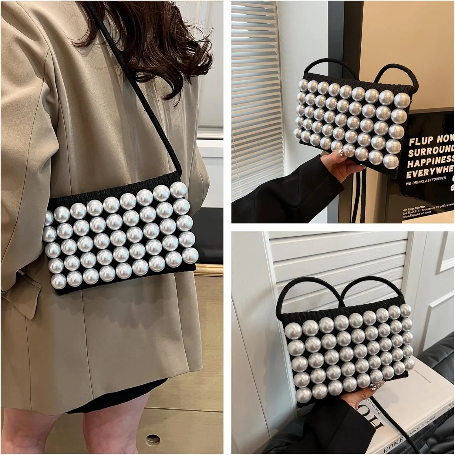 Ayliss Women Crossbody Handbag Purse Small Artificial Pearl Handwoven Summer Beach Shoulder Handbag Woven Cotton Crochet