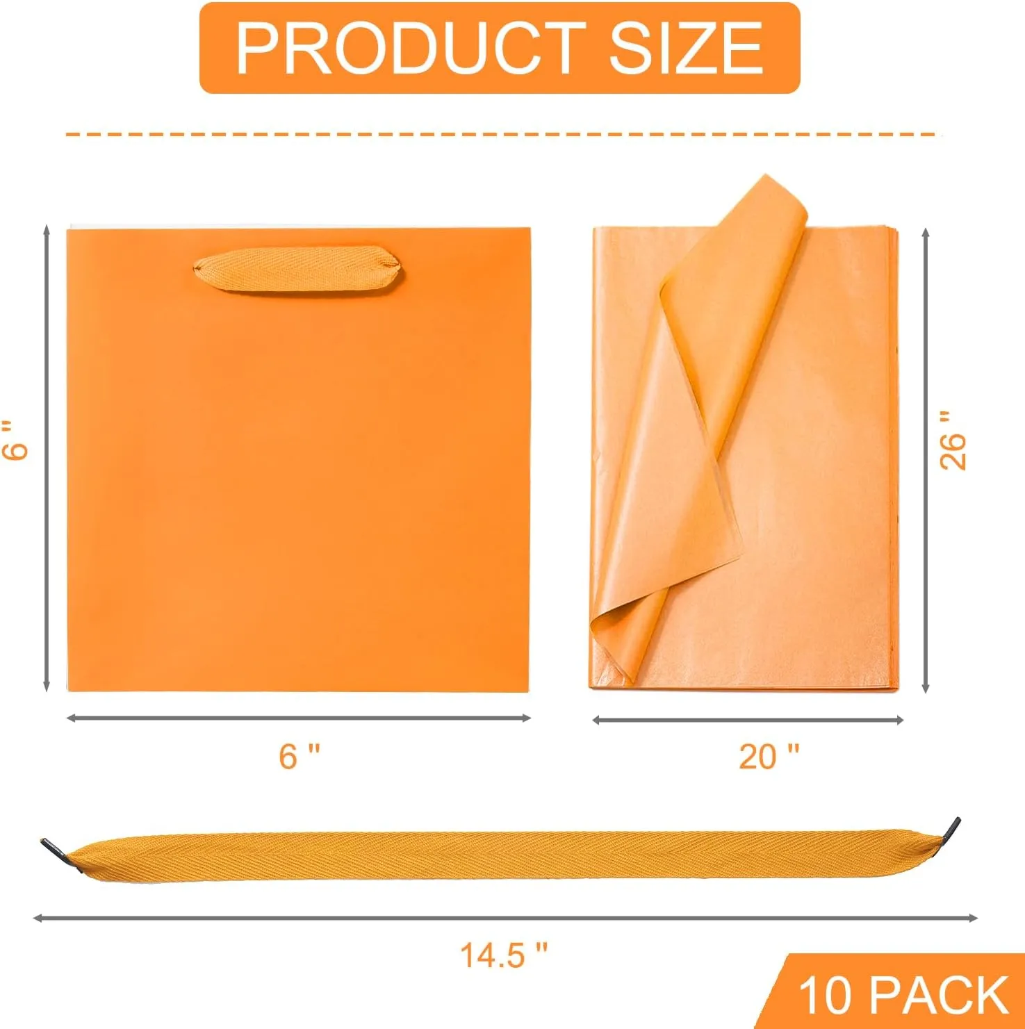 AZOWA Orange Square Gift Bags with Tissue - 6 Inch Paper Bags with Handles Birthday Party Favor Christmas Wedding Gift Box Flowers Decoration (10 PCS, 6x6x6 in)