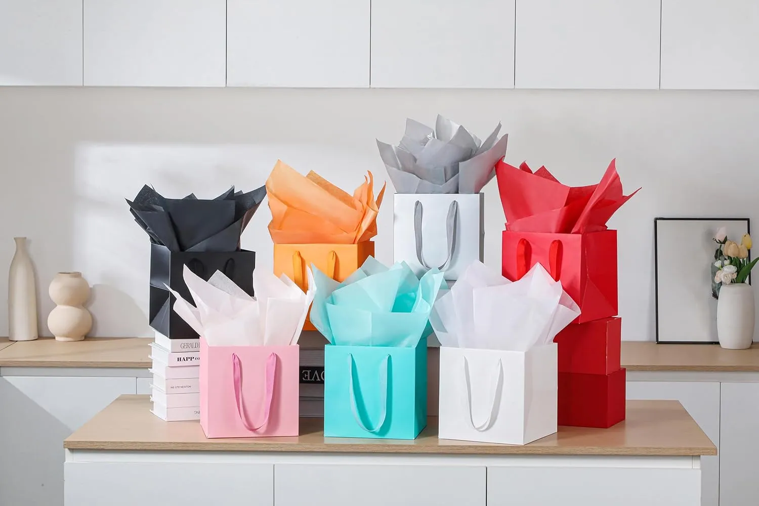 AZOWA Orange Square Gift Bags with Tissue - 6 Inch Paper Bags with Handles Birthday Party Favor Christmas Wedding Gift Box Flowers Decoration (10 PCS, 6x6x6 in)