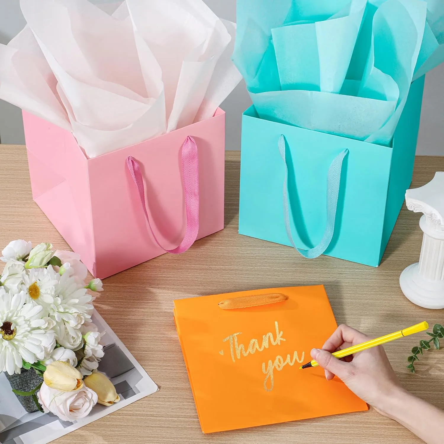 AZOWA Orange Square Gift Bags with Tissue - 6 Inch Paper Bags with Handles Birthday Party Favor Christmas Wedding Gift Box Flowers Decoration (10 PCS, 6x6x6 in)