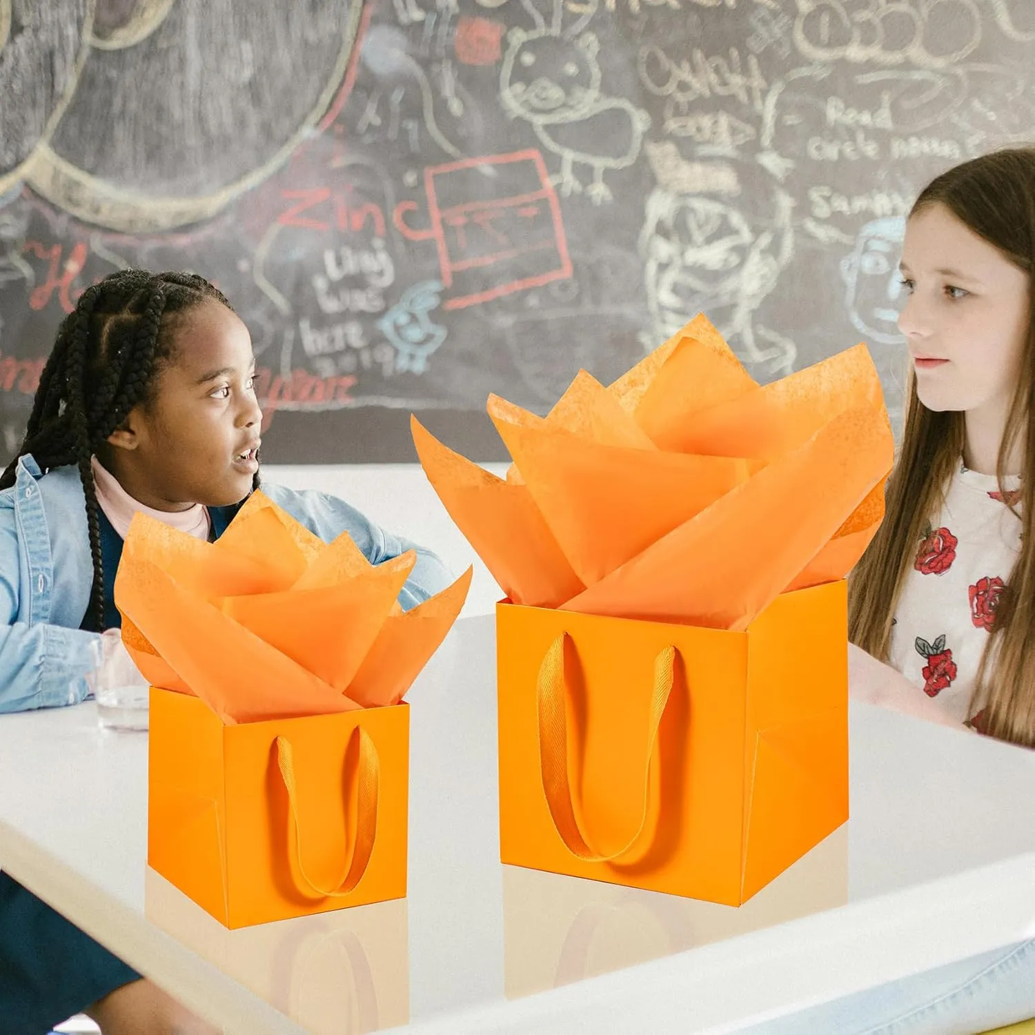 AZOWA Orange Square Gift Bags with Tissue - 6 Inch Paper Bags with Handles Birthday Party Favor Christmas Wedding Gift Box Flowers Decoration (10 PCS, 6x6x6 in)