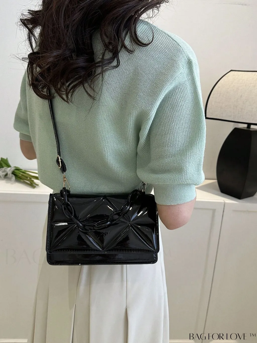 BagForLove - Blue Geometric Embossed Mini PU Square Bag with Chain DÃ©cor