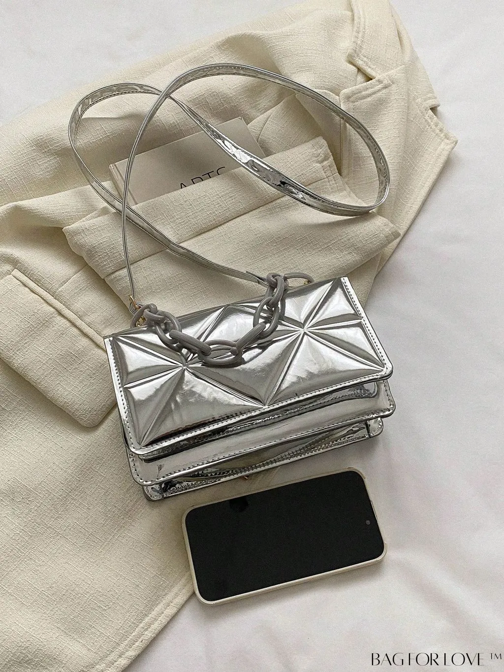 BagForLove - Blue Geometric Embossed Mini PU Square Bag with Chain DÃ©cor