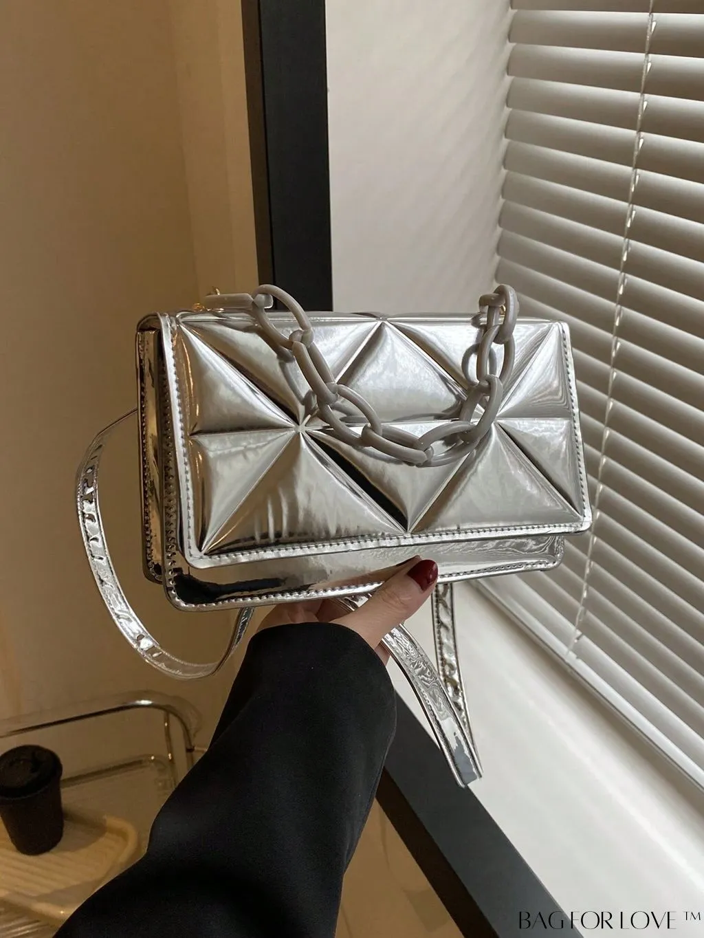 BagForLove - Blue Geometric Embossed Mini PU Square Bag with Chain DÃ©cor