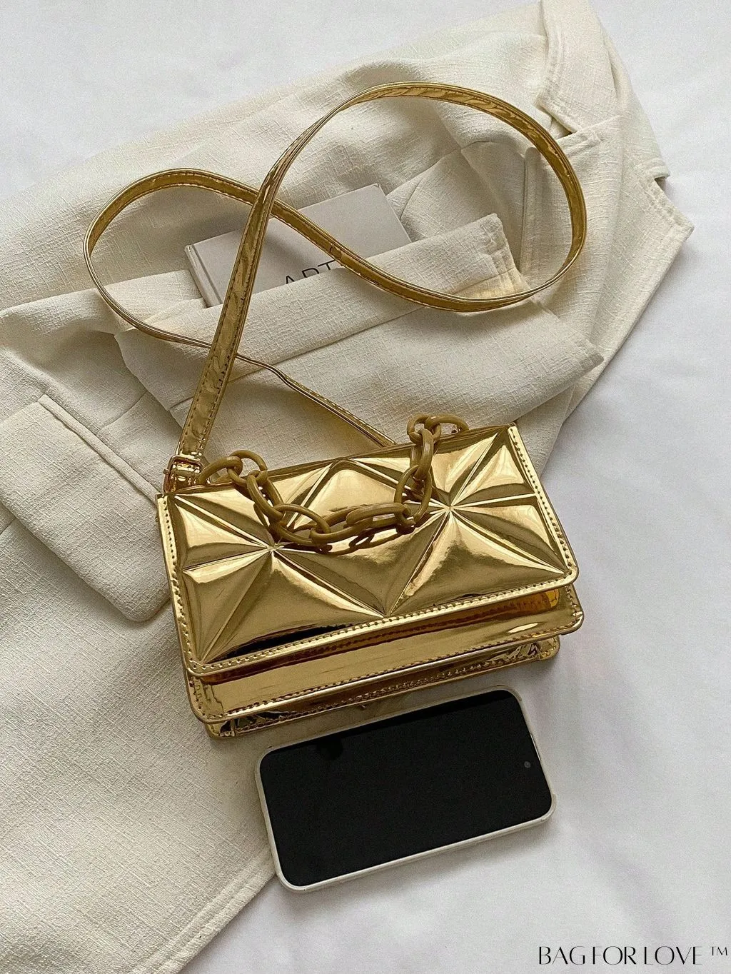BagForLove - Blue Geometric Embossed Mini PU Square Bag with Chain DÃ©cor