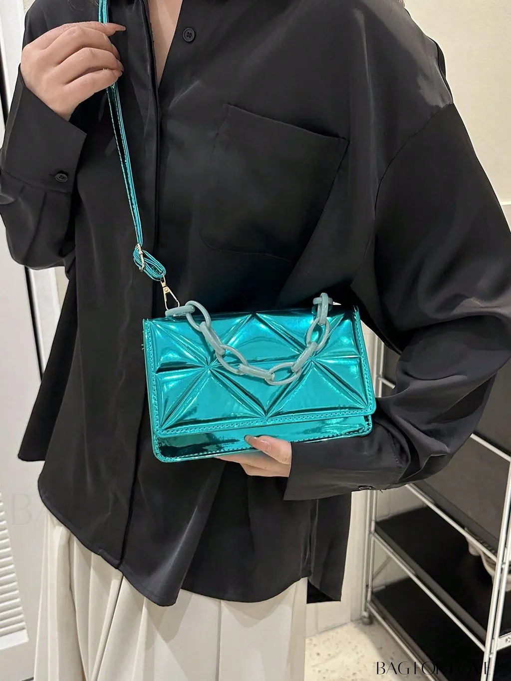 BagForLove - Blue Geometric Embossed Mini PU Square Bag with Chain DÃ©cor