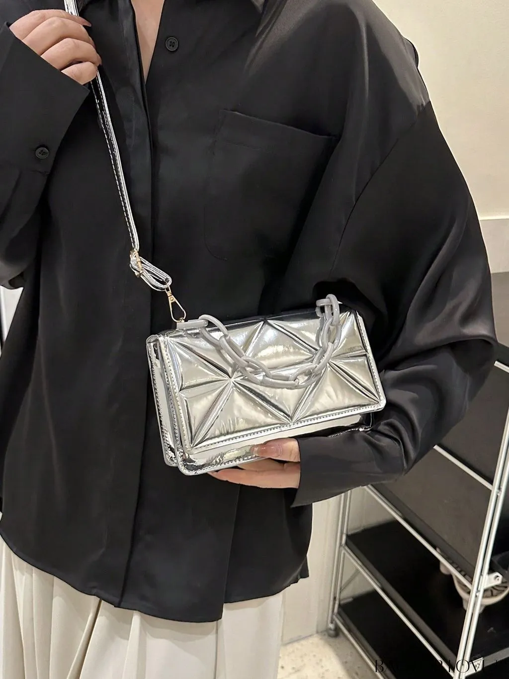 BagForLove - Blue Geometric Embossed Mini PU Square Bag with Chain DÃ©cor
