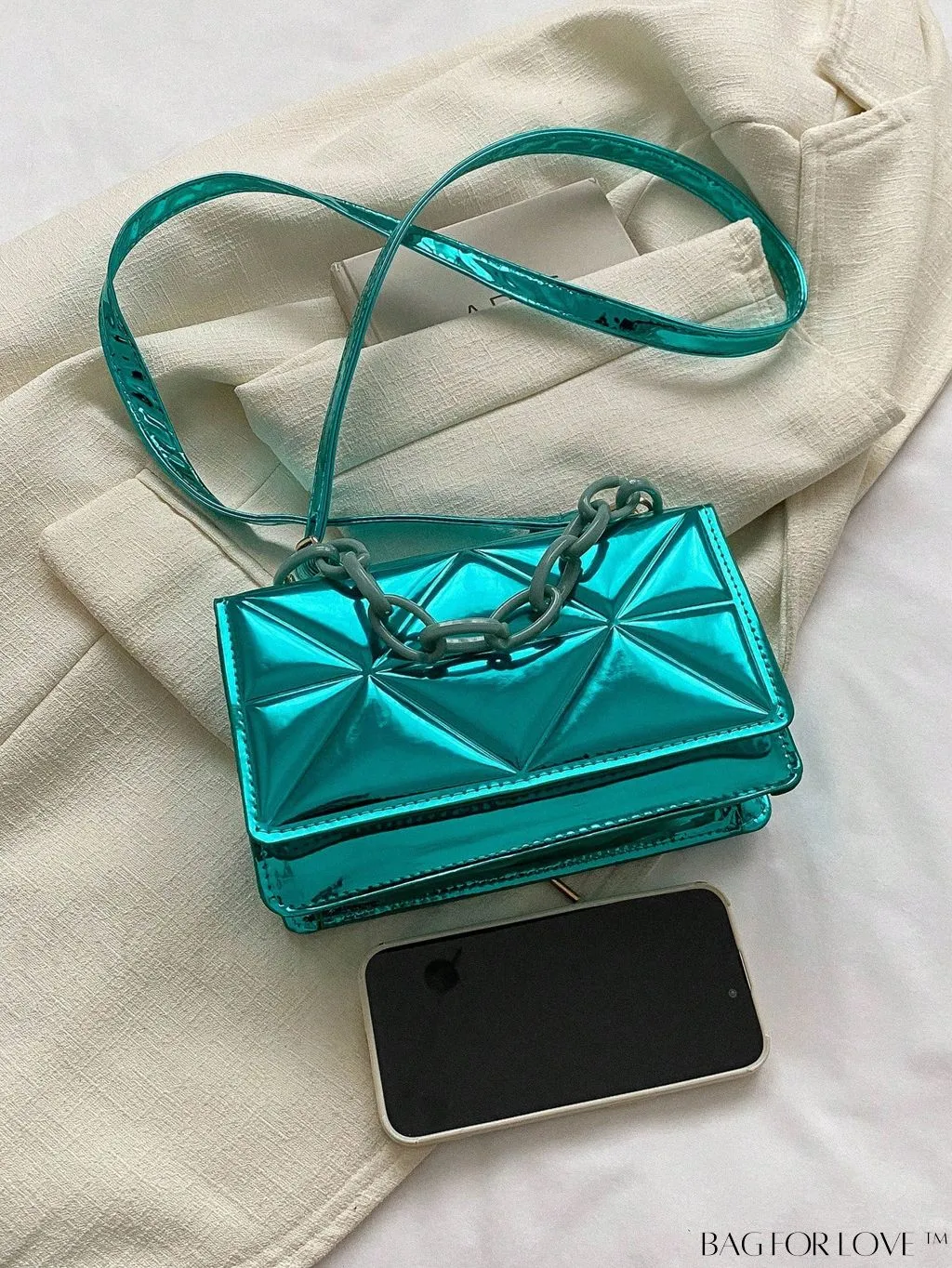 BagForLove - Blue Geometric Embossed Mini PU Square Bag with Chain DÃ©cor