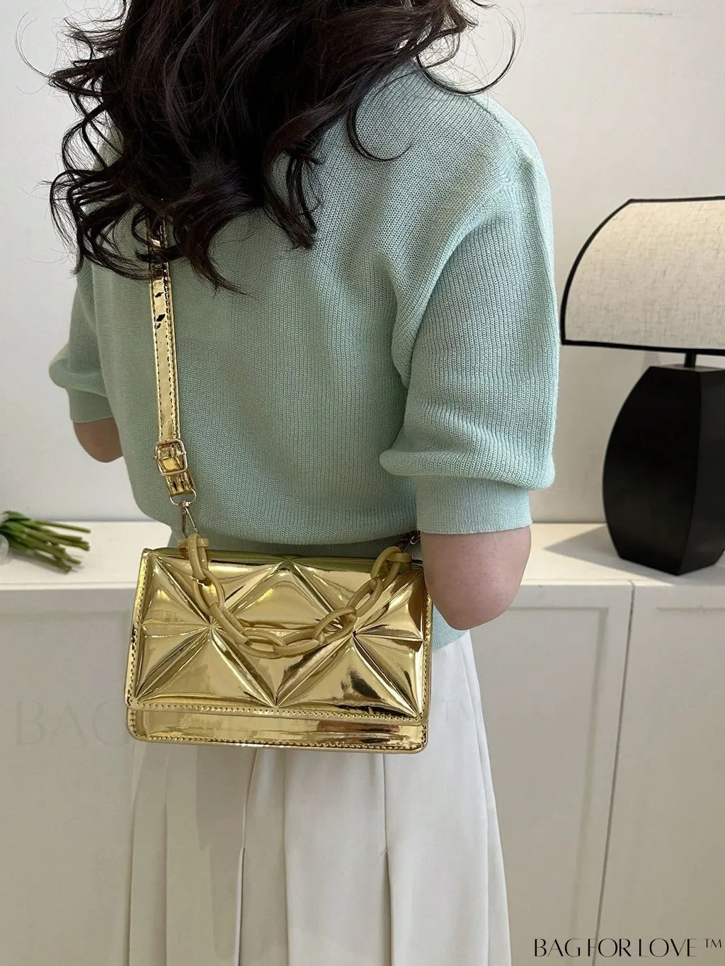 BagForLove - Blue Geometric Embossed Mini PU Square Bag with Chain DÃ©cor