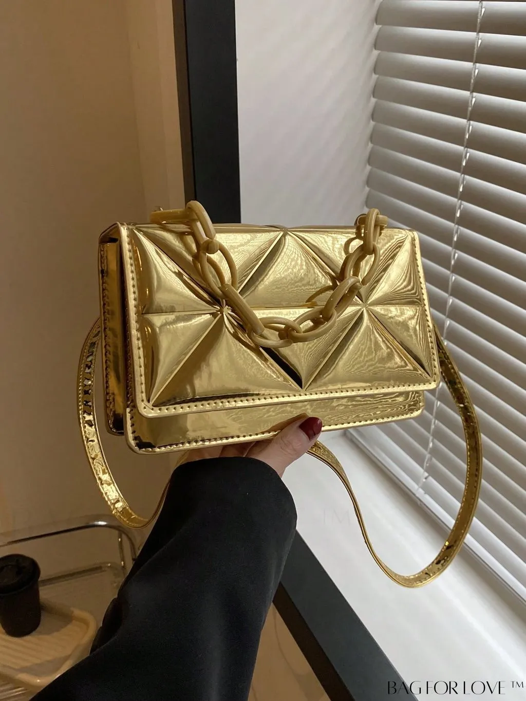 BagForLove - Blue Geometric Embossed Mini PU Square Bag with Chain DÃ©cor