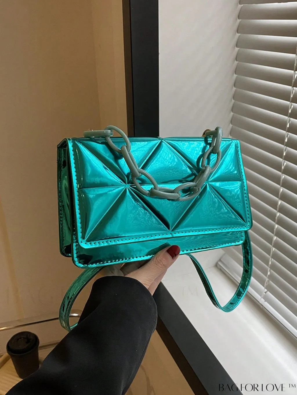 BagForLove - Blue Geometric Embossed Mini PU Square Bag with Chain DÃ©cor