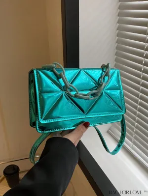 BagForLove - Blue Geometric Embossed Mini PU Square Bag with Chain DÃ©cor