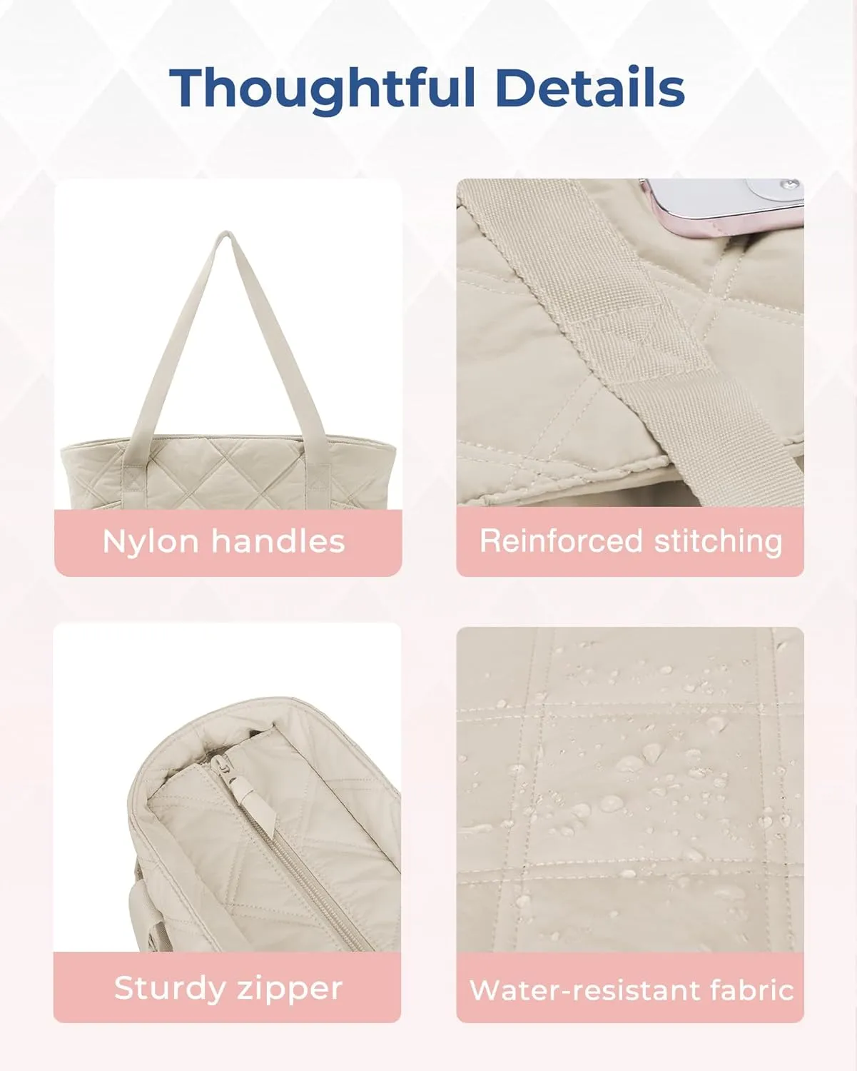 BAGSMART Tote Bag for Women, Puffer Work Tote with Zipper, Travel Essentials Quilted Nurse Travel Hospital Bag