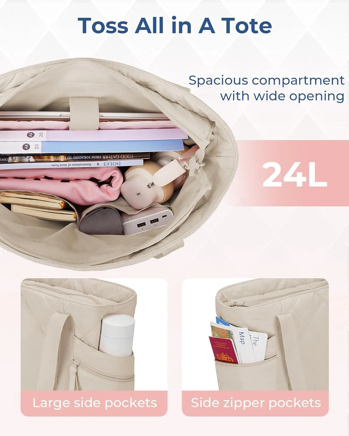 BAGSMART Tote Bag for Women, Puffer Work Tote with Zipper, Travel Essentials Quilted Nurse Travel Hospital Bag