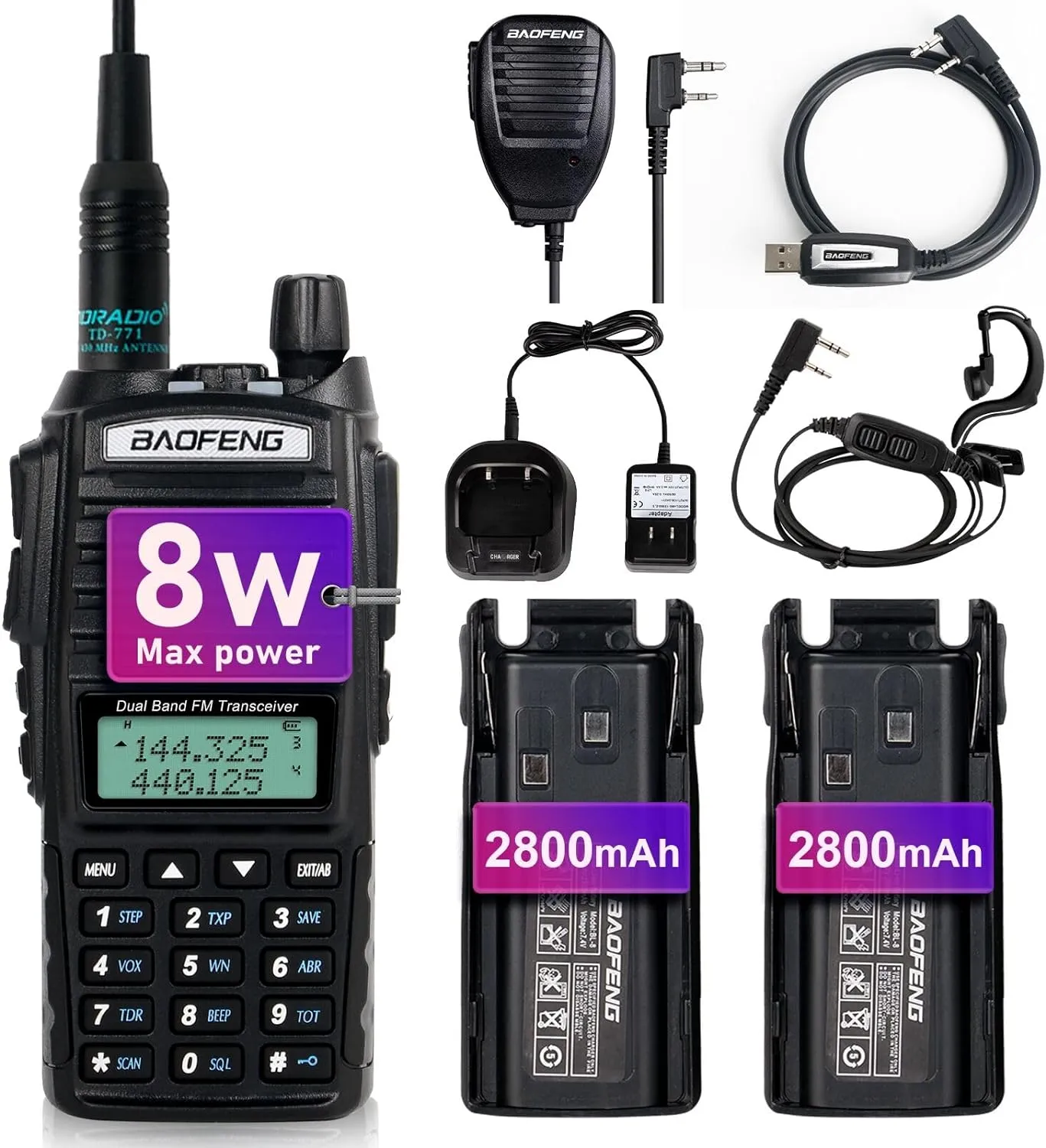 BaoFeng UV-82 High Power BaoFeng Radio Ham Radio Handheld Walkie Talkies with Earpiece, Extra 2800mAh Battery Hand Speaker Mic and Programming Cable Full Kits(1 Pack-Black)