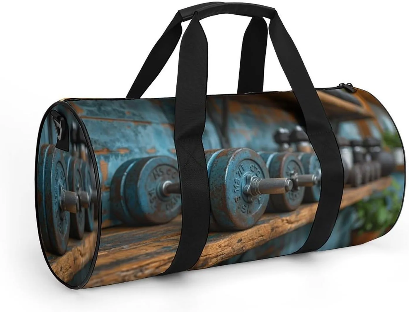 Barbells on The Shelf of The Gym Travel Gym Bag for Women Men Sports Cylindrical Duffle Bag Sport Workout Bag with Shoulder Strap